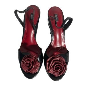 Daslu São Paulo Black Leather Heels with Ankle Strap & Peep Toe & Rose Size 36